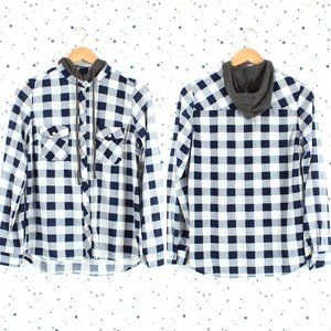 Hooded Plaid Button Up Shirt Navy White